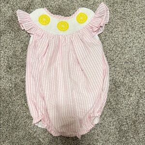 Pink Striped Baby Romper with Lemon Embroidery
